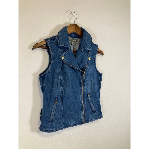 Kate & Mallory Denim Moto Vest Women Small Blue Asymmetrical Zip Side Buckles - Picture 9 of 9